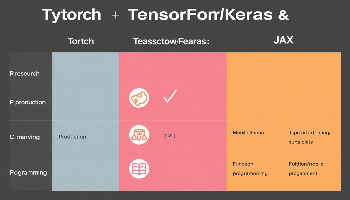 PyTorch, TensorFlow/Keras, JAX 프레임워크의 특징과 용도를 비교한 인포그래픽 테이블