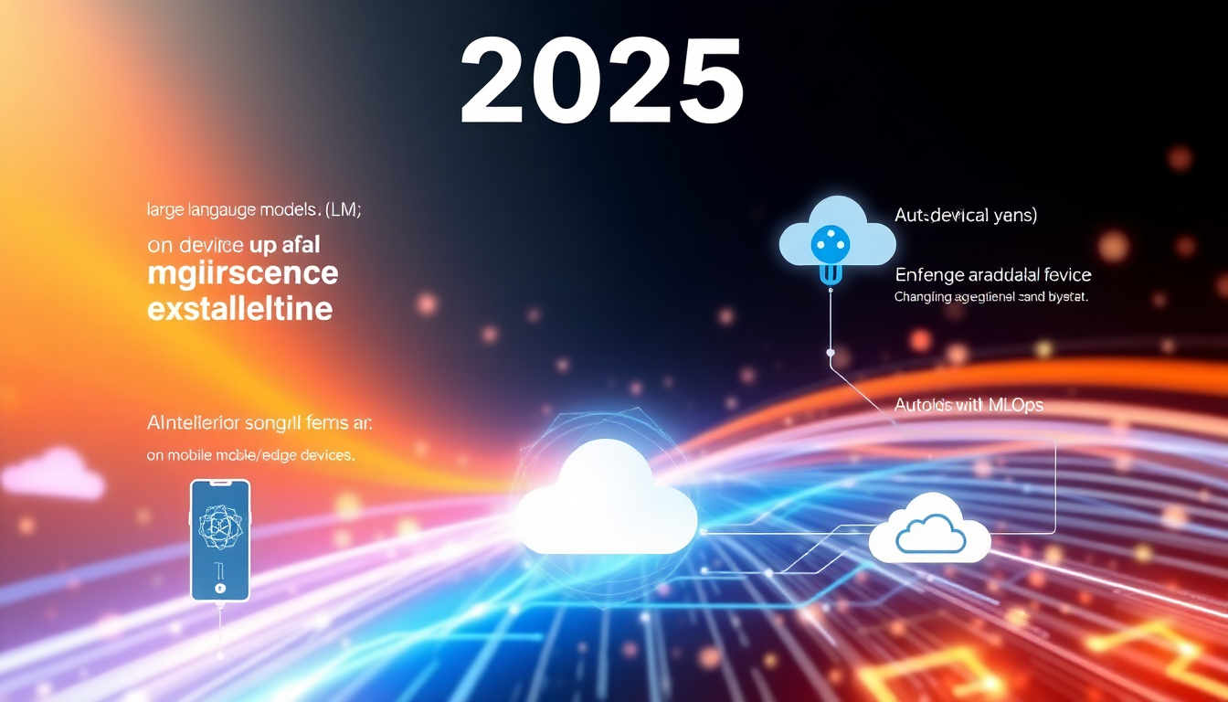 2025년 AI 개발 트렌드를 상징하는 생성형 AI, 온디바이스 AI, AutoML, MLOps 클라우드 파이프라인의 미래지향적 이미지