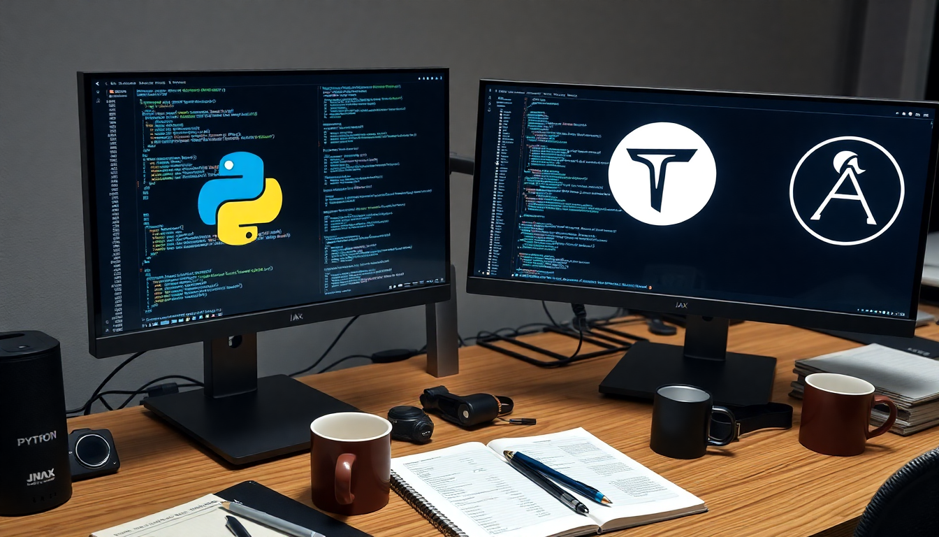 파이썬 딥러닝 프레임워크를 사용하여 AI 개발을 하는 현대적인 개발자의 작업 공간 모습