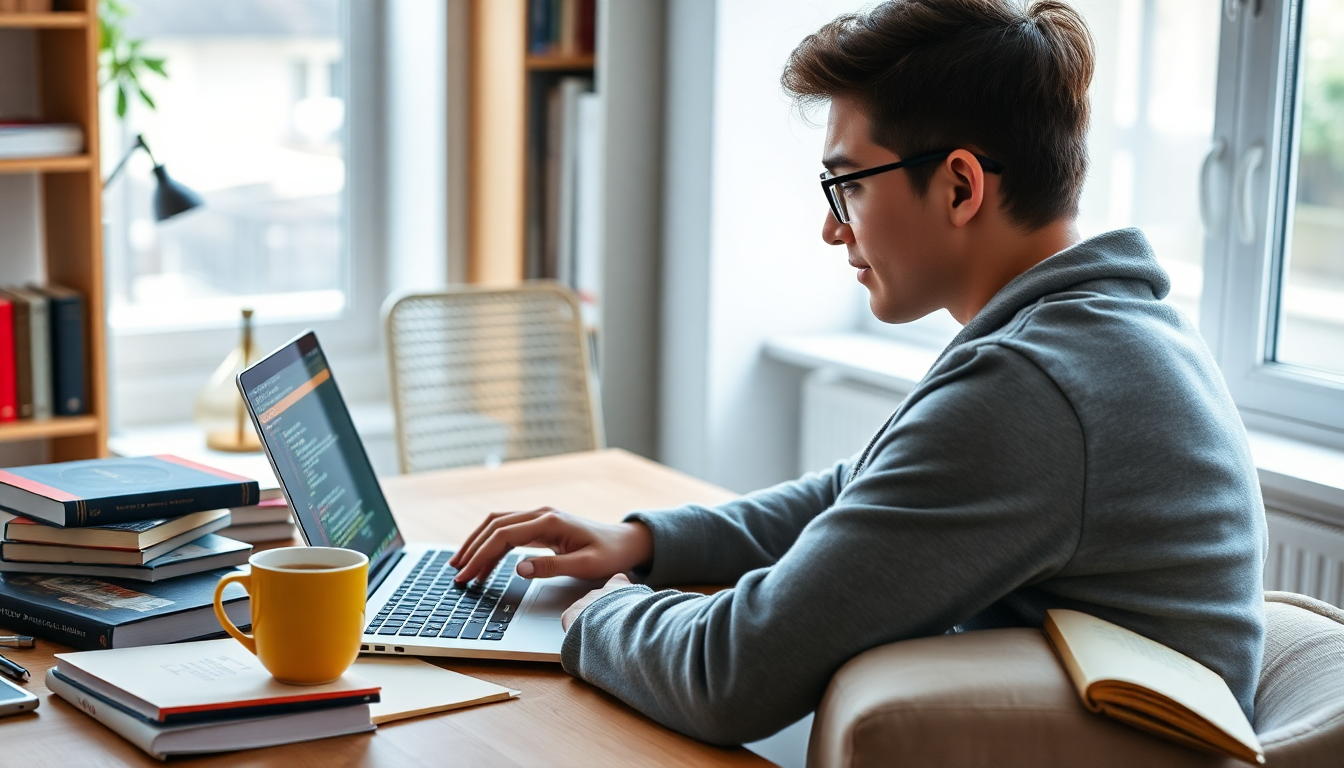 파이썬 프로그래밍을 배우는 청년이 노트북 앞에서 집중하고 있는 모습